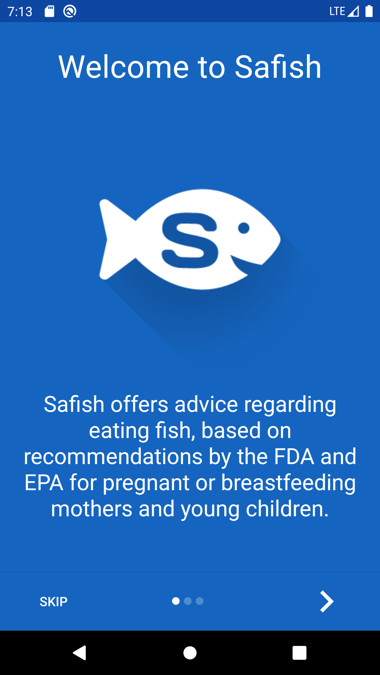 Safish shows an intro carousel on first open