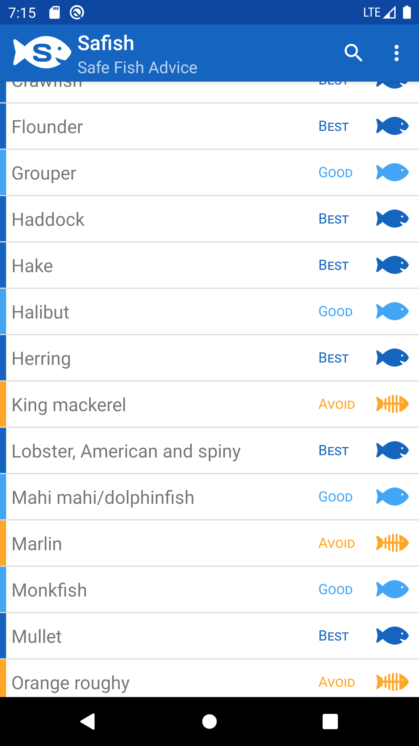 List of fish and seafood options, categorized according to FDA's recommendations
