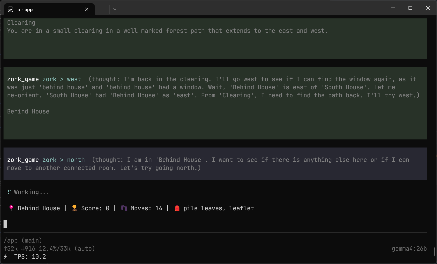 Gemma 4 playing Zork through Pi's terminal UI, with the thought parameter and game state visible